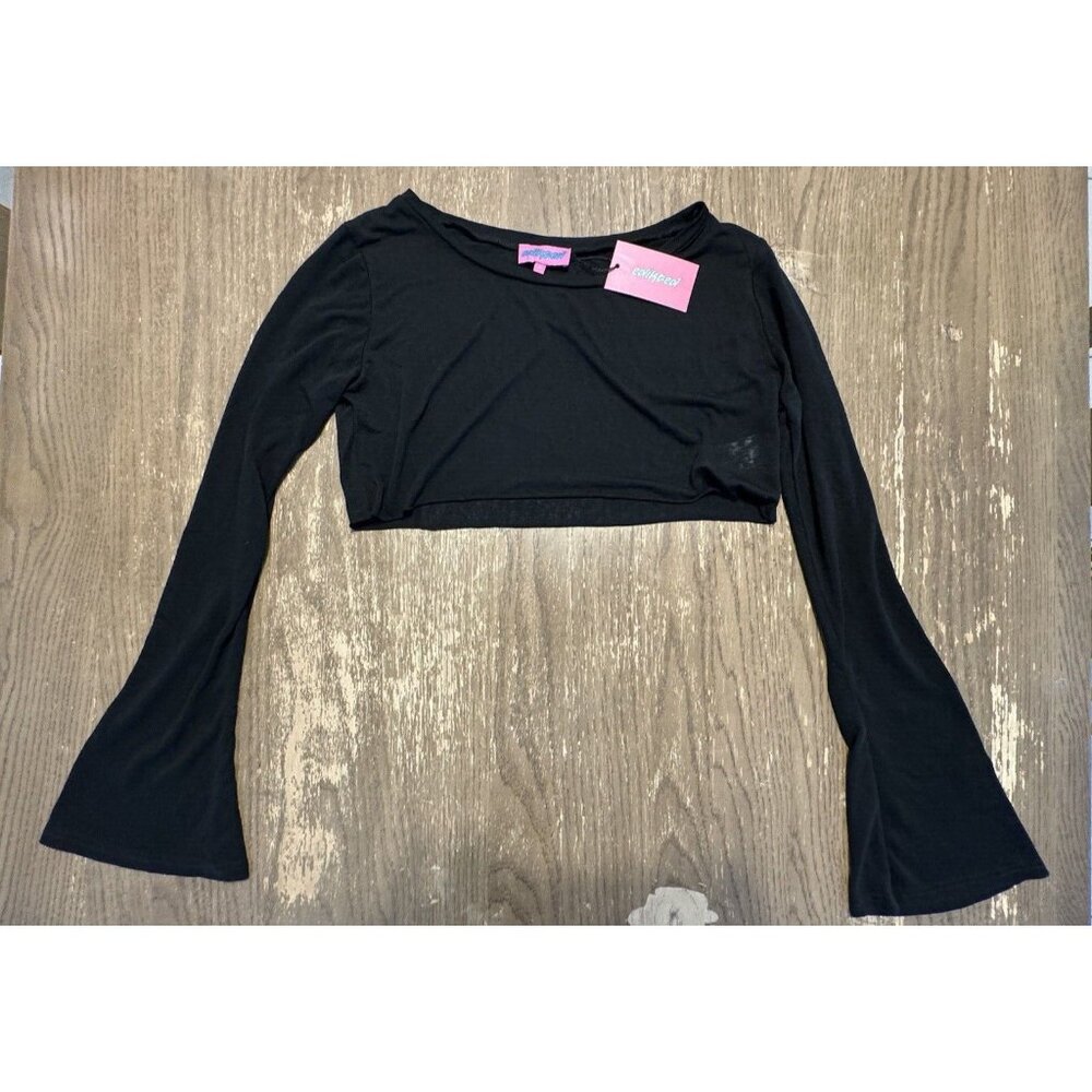 Ediikted Women's Cropped Black Bell Sleeve Size Small Top Sheer Festival Party